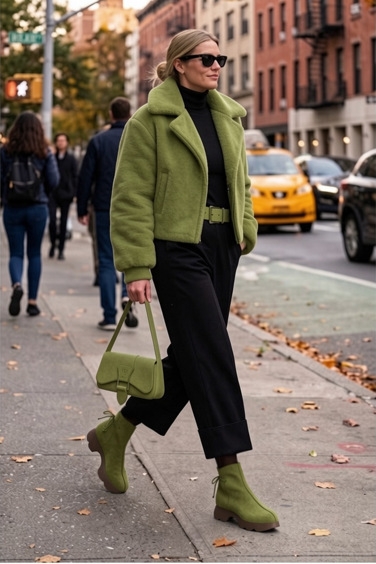 Women's pistachio green back lace-up ankle boots with round toe and chunky rubber sculpted sole - Worn view